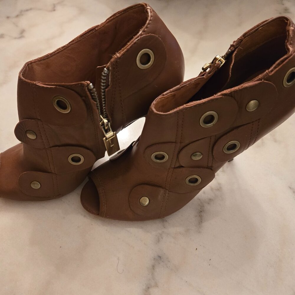 L.A.M.B. by Gwen Stefani "Joelle" Brown Leather Peep-Toe Booties